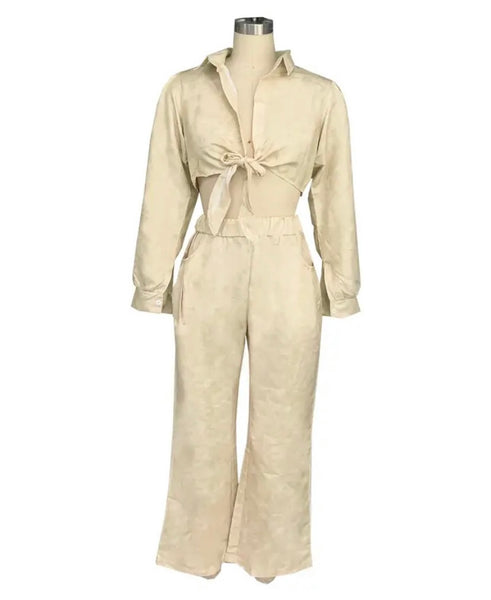 Women Color Full Sleeve Crop Two Piece Fashion Pant Set