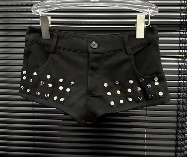 Women Fashion Black Rivet Patchwork Shorts