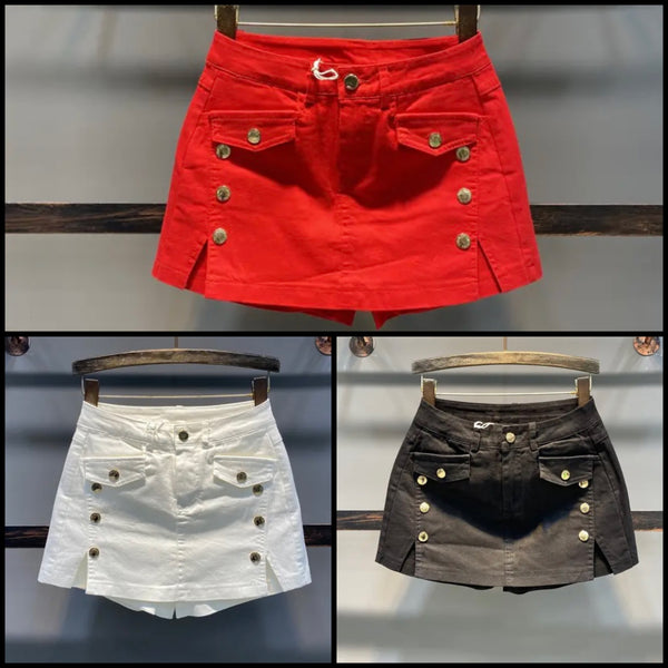 Women Color Fashion Button Wrap Denim Shorts