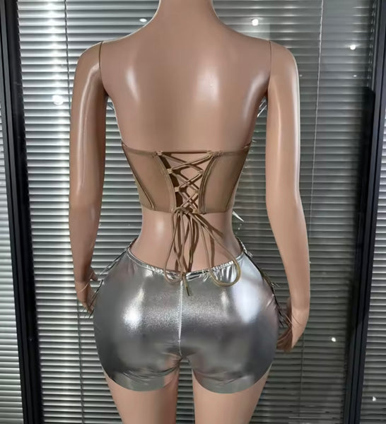 Women Sexy Strapless Chrome Spiked Embellish Two Piece Short Set