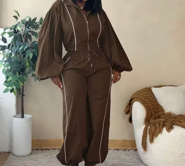 Women Fashion Striped Lantern Zip Up Full Sleeve Two Piece Pant Set