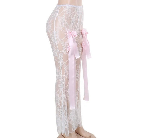 Women Sexy Fashion White Pink Bow Lace Pants