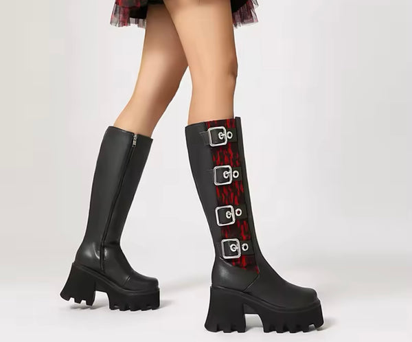 Women Fashion Lace Buckled Platform Knee High Boots