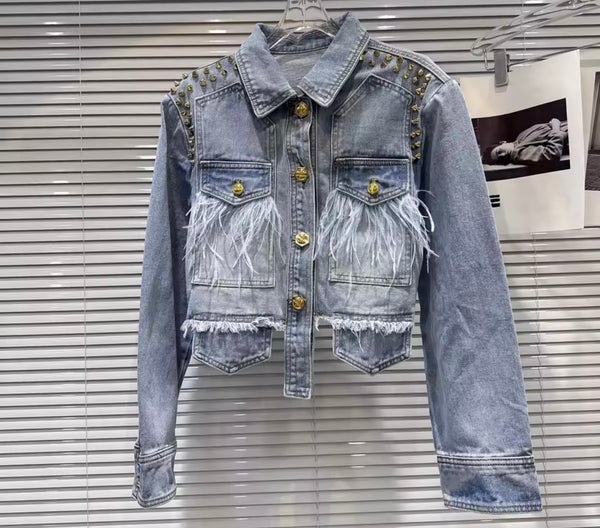 Women Fashion Rivet Feather Denim Jacket Two Piece Short Set