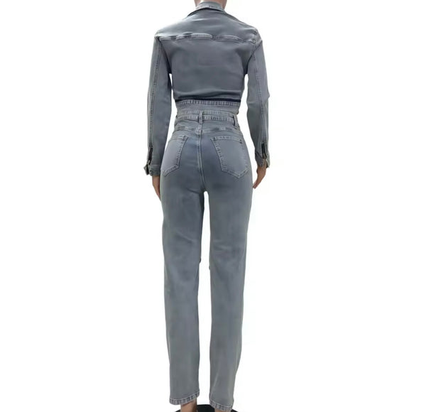 Women Blue Denim Fashion Crop Jacket Two Piece Pant Set