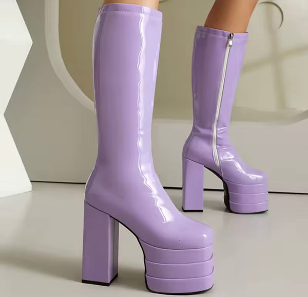 Women Color Platform Patent Leather Fashion High Heel Boots