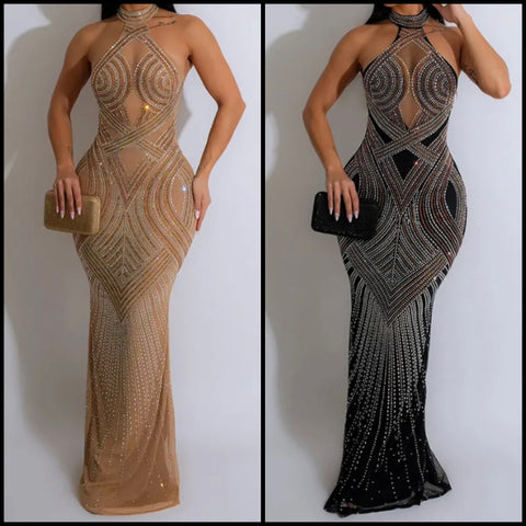 Women Sexy Halter Sleeveless Beaded Mesh Maxi Dress