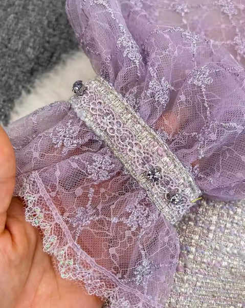 Women Beaded Lace Patchwork Bow Full Sleeve Dress