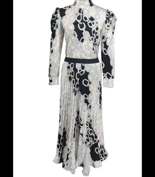 Women Sexy Printed Full Sleeve Maxi Pleated Dress