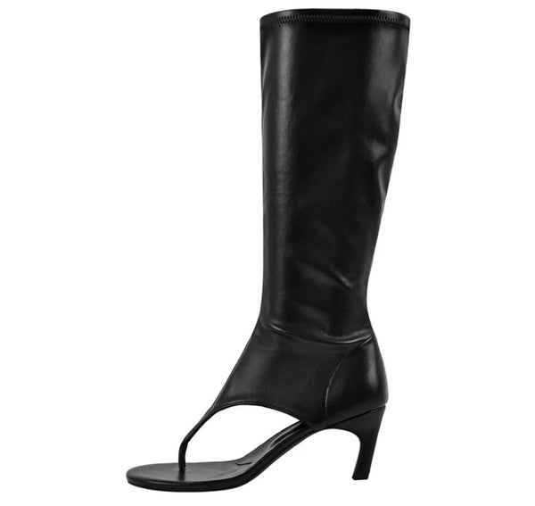 Women Fashion Faux Leather Open Toe Knee High Boots