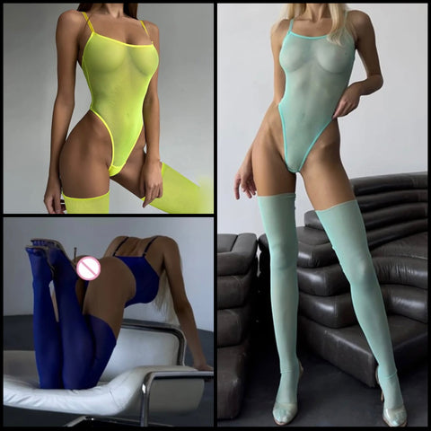 Women Mesh Sexy Sleeveless Bodysuit Stalkings Set