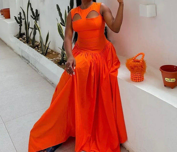 Women Orange Sexy Sleeveless Cut Out Pleated Maxi Dress