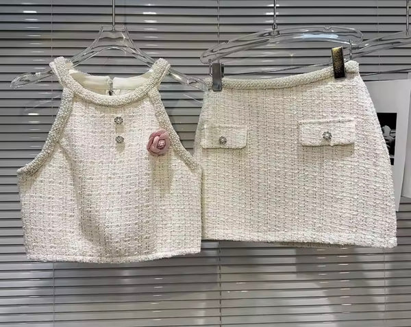 Women Bling Sleeveless Tweed Two Piece Sexy Skirt Set