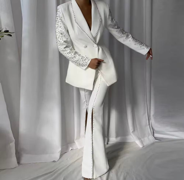 Women White Rhinestone Button Up Blazer Two Piece Split Pant Set