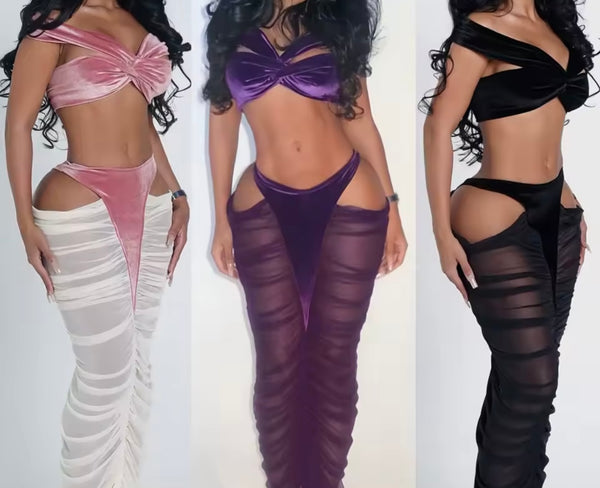 Women Sexy Sleeveless Velour Mesh Ruched Two Piece Maxi Skirt Set