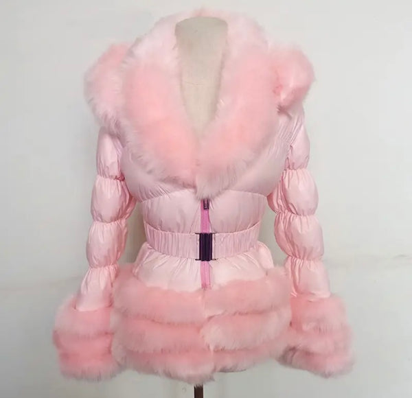 Women Fashion Hooded Faux Fur Patchwork Belted Jacket