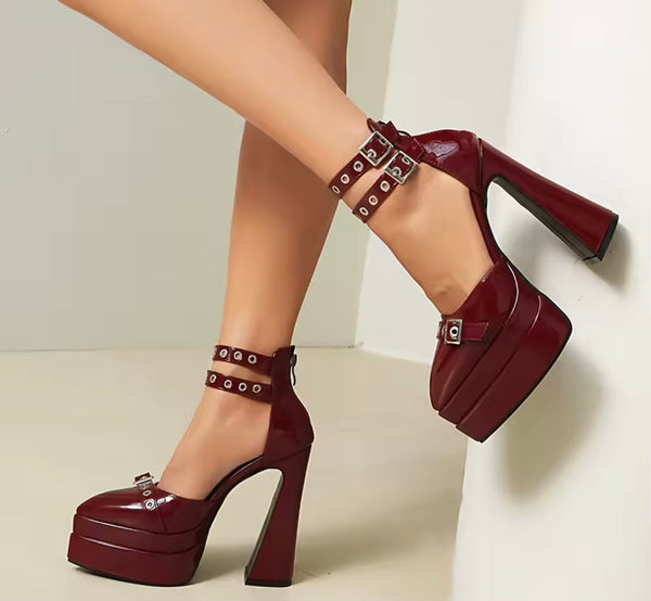 Women Pointed Toe Platform Patent Leather Ankle Strap High Heels