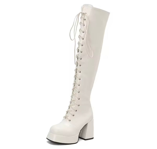 Women Fashion Patent Leather Lace Up Knee High Boots