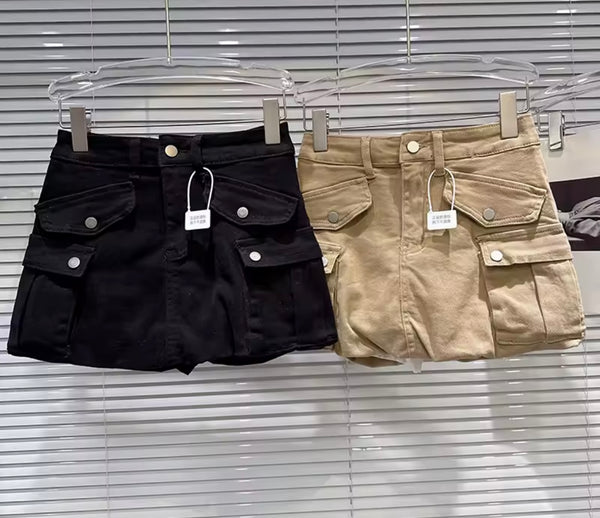 Women Color Fashion Pocket Cargo Skirt