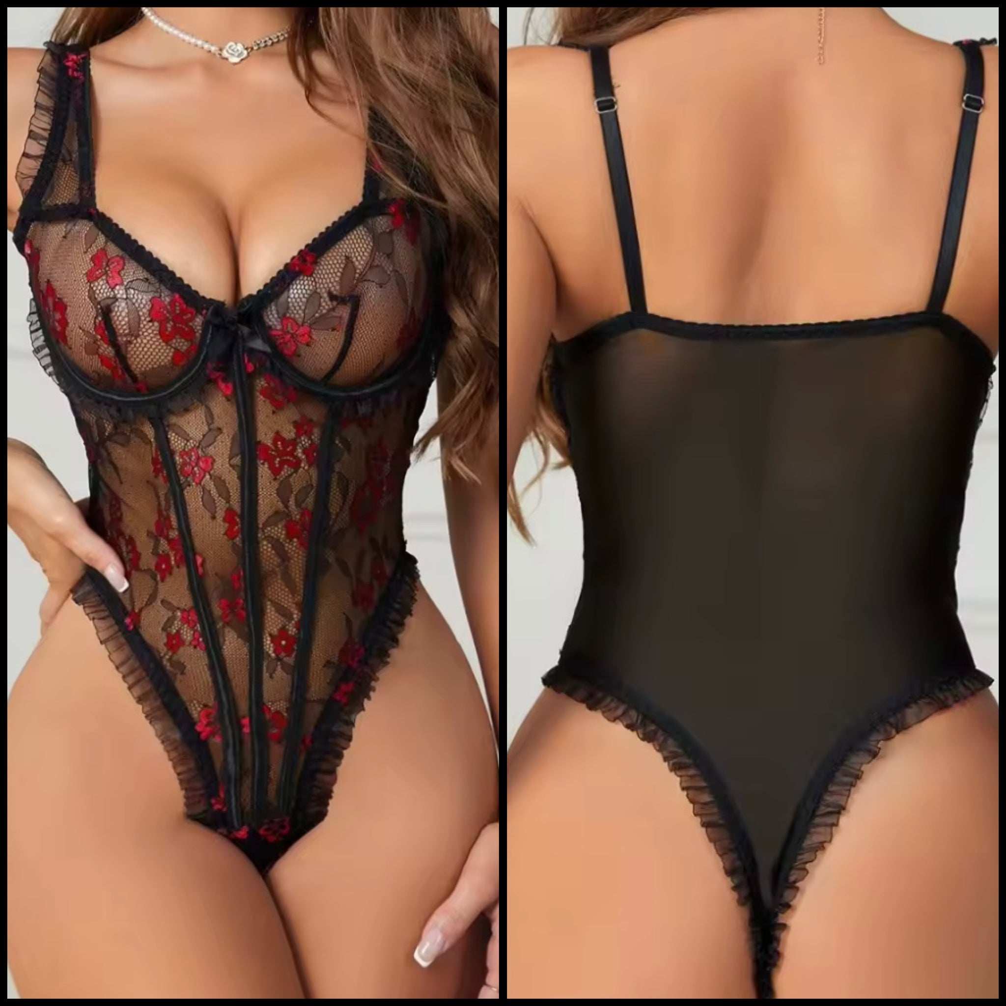 Women Sexy Sleeveless Black Floral Ruffled Mesh Bodysuit Lingerie