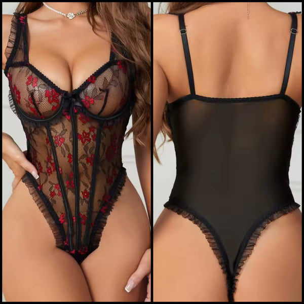 Women Sexy Sleeveless Black Floral Ruffled Mesh Bodysuit Lingerie