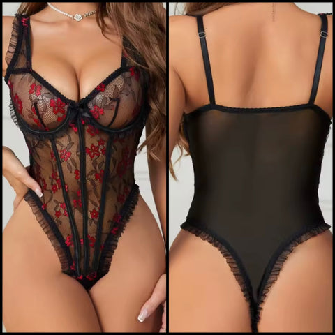Women Sexy Sleeveless Black Floral Ruffled Mesh Bodysuit Lingerie