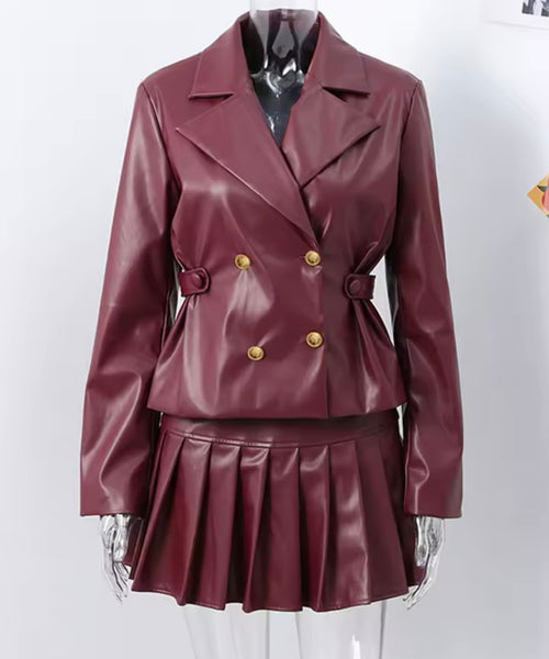 Women Fashion Faux Leather Burgundy Jacket Two Piece Pleated Skirt Set