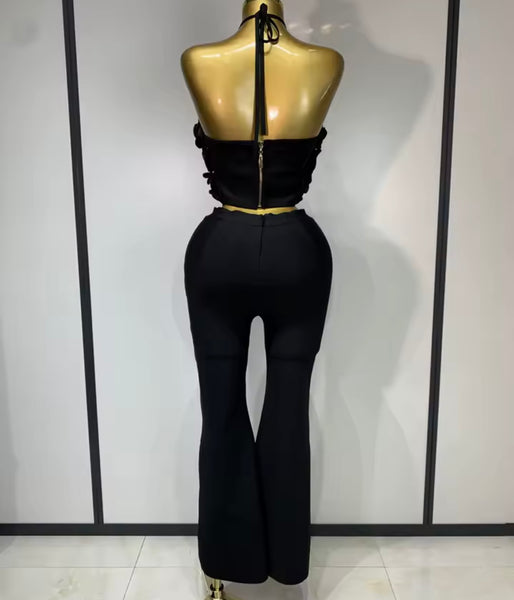 Women Fashion 3D Floral Halter Sleeveless Two Piece Pant Set