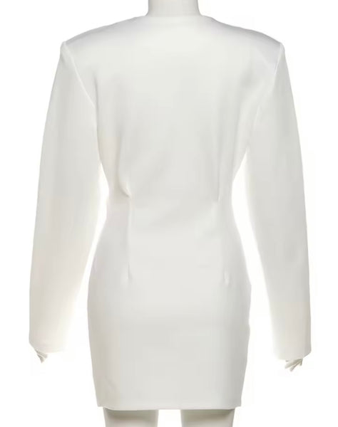 Women White Sexy Chain Deep V-Neck Full Sleeve Ruched Dress