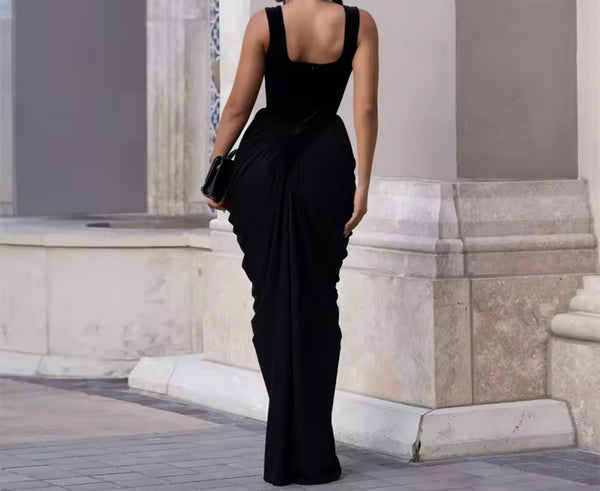 Women Sexy Sleeveless Velour Ruched Maxi Dress