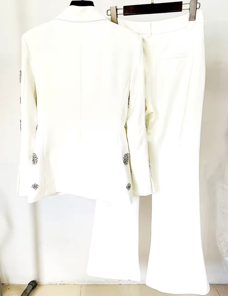 Women Fashion White Crystal Button Up Blazer Two Piece Pant Set