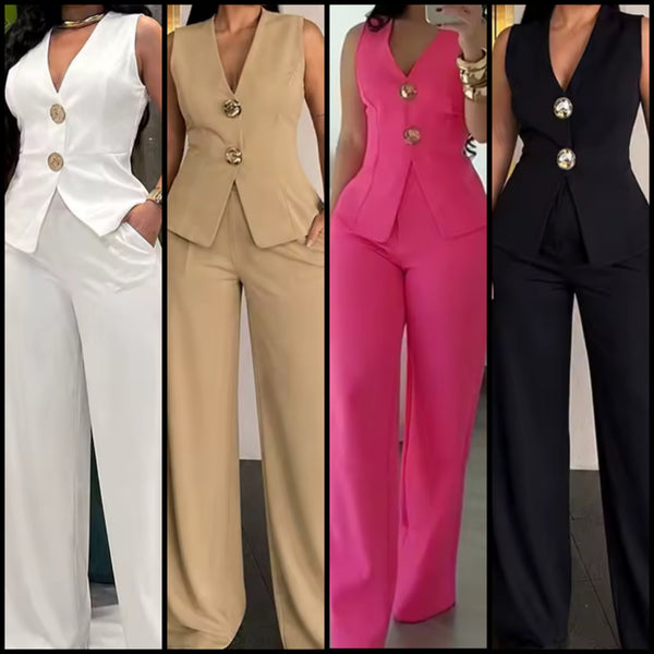 Women Button Up Sleeveless Blazer Vest Two Piece Pant Set