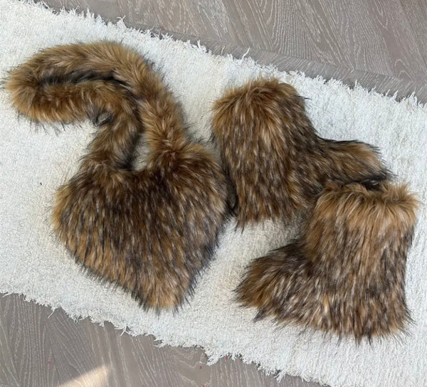 Women Fashion Faux Fur Ankle Boots Heart Handbag Set