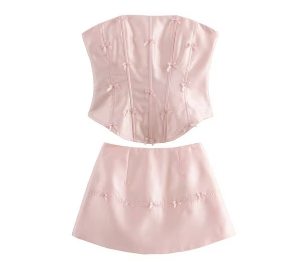 Women Sexy Strapless Bow Corset Two Piece Skirt Set