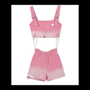 Women Fashion Sleeveless Pink Gradient Two Piece Denim Short Set