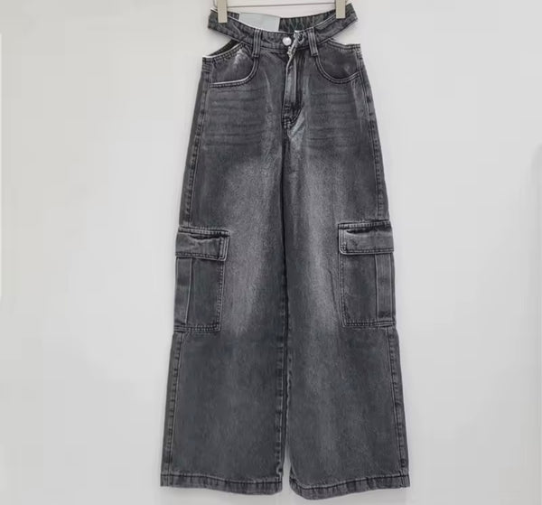 Women Fashion Cut Out Wide Leg Cargo Denim Pants