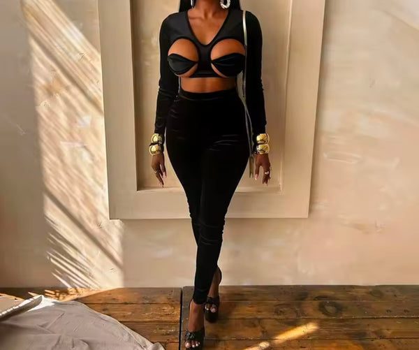 Women Sexy Black Velour Cut Out Full Sleeve Two Piece Pant Set