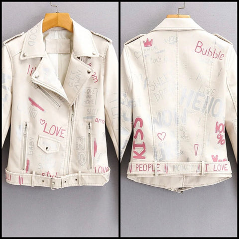 Women Fashion Color Graffiti Faux Leather Jacket