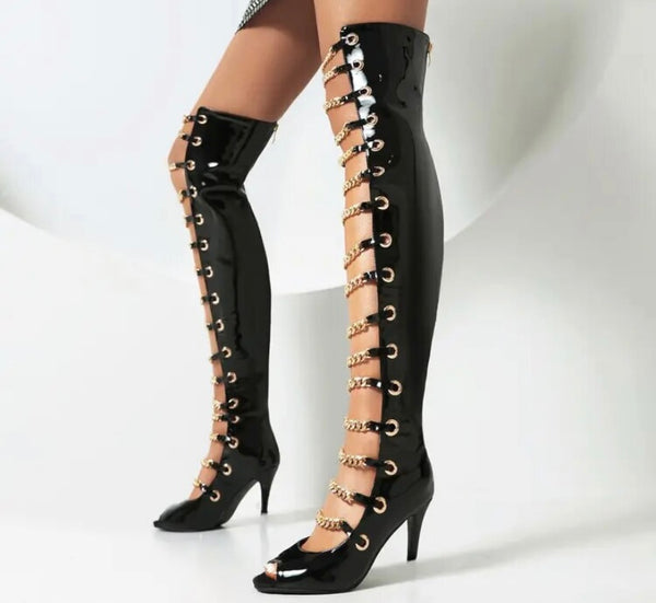 Women Fashion Open Toe Chain Patent Leather Knee High Boots