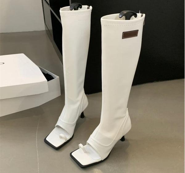 Women Fashion Faux Leather Open Toe Knee High Boots