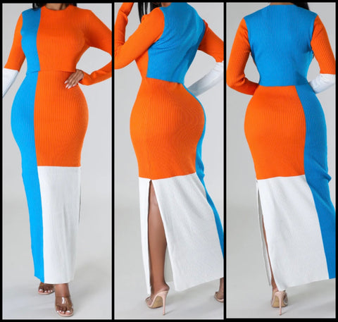 Women Sexy Color Patchwork Full Sleeve Ribbed Two Piece Maxi Skirt Set