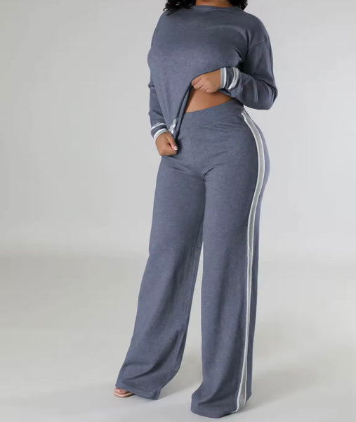 Women Solid Color Striped Patchwork Full Sleeve Two Piece Pant Set
