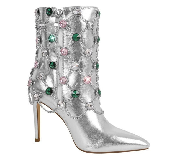 Women Silver Color Gem Fashion Ankle Boots