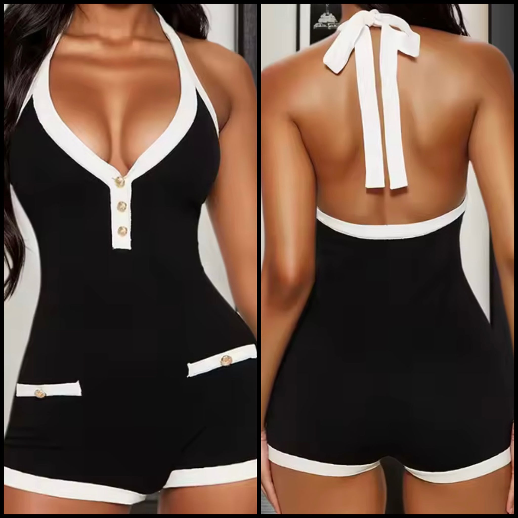 Women Sexy B&W Halter Sleeveless V-Neck Romper