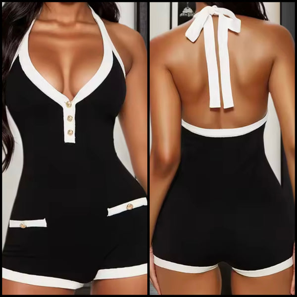 Women Sexy B&W Halter Sleeveless V-Neck Romper