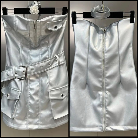 Women Silver Sexy Strapless Buckled Pocket PU Dress