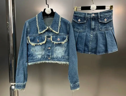 Women Fashion Fringe Denim Jacket Two Piece Skirt Set