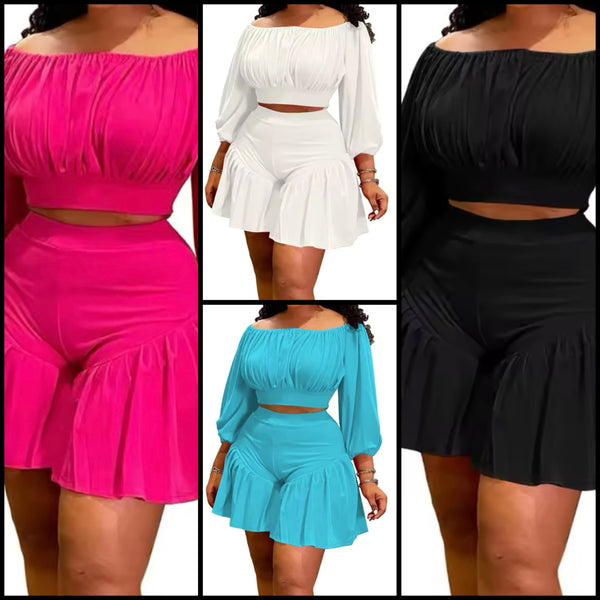 Women Solid Color Off The Shoulder Two Piece Short Set