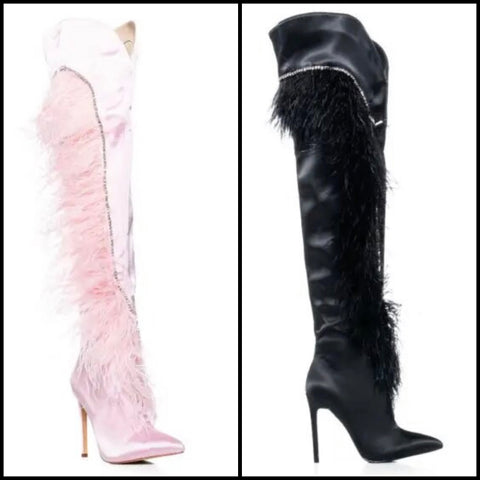 Women Black Fashion Bling Faux Fur Patchwork Knee High Boots