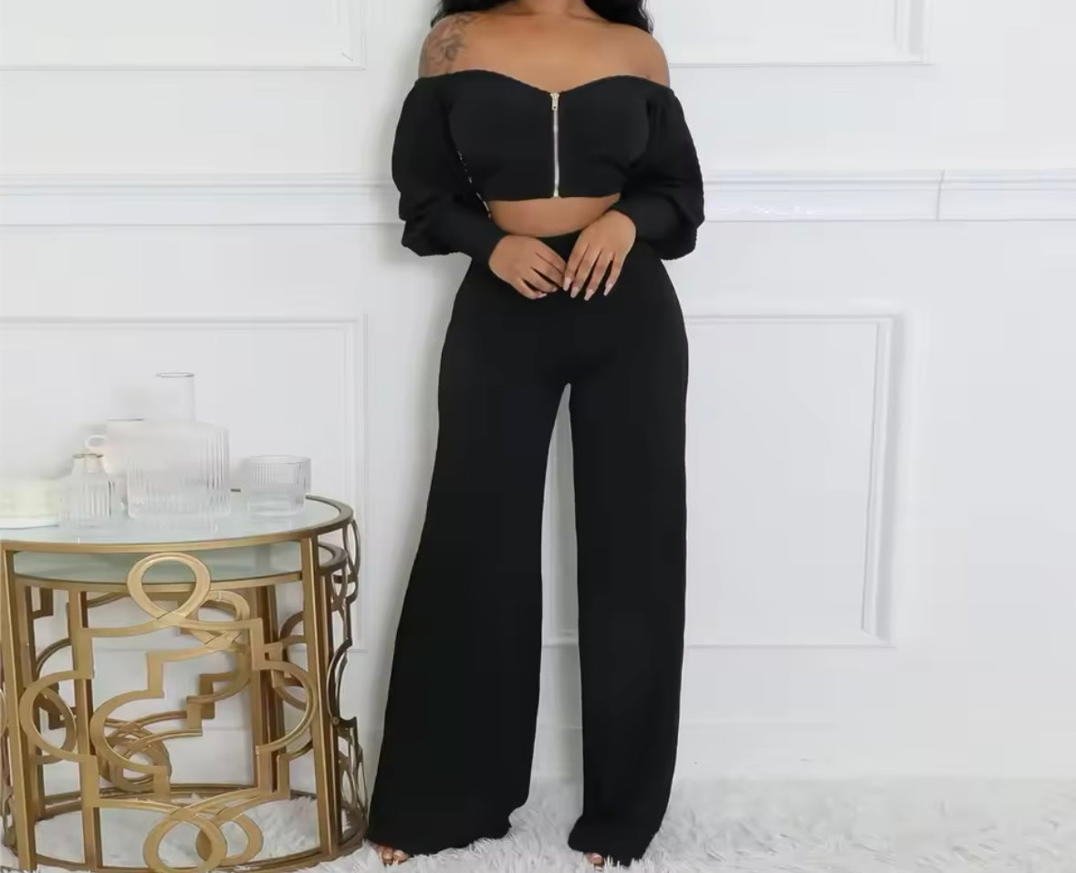 Women Color Ribbed Zip Up Full Sleeve Two Piece Pant Set